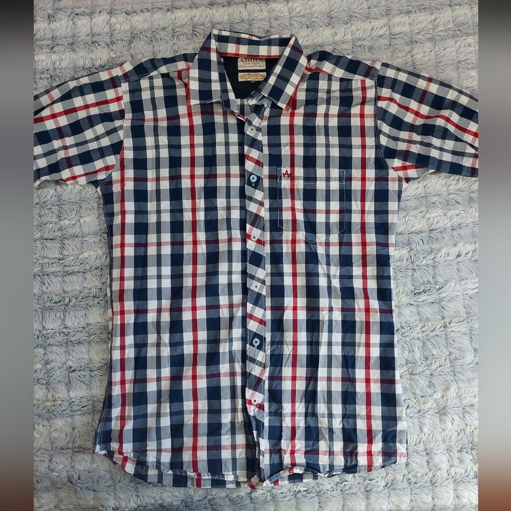 Biba Men's Navy and Red Plaid‎ Shirt Large